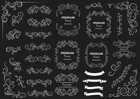 Calligraphic design elements . Decorative swirls or scrolls, vintage frames , Stock Illustration