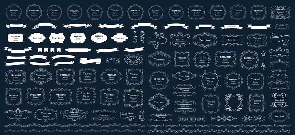 Calligraphic design elements . Decorative swirls or scrolls, vintage frames , イラスト素材
