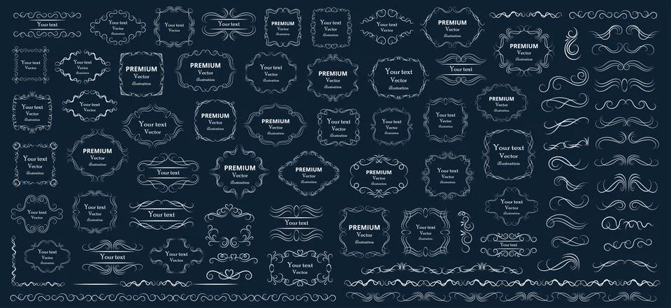 Calligraphic design elements . Decorative swirls or scrolls, vintage frames , イラスト素材