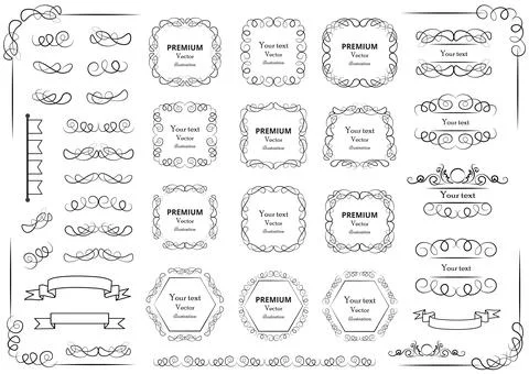Calligraphic design elements . Decorative swirls or scrolls, vintage frames Stockillustratie