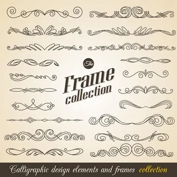 Calligraphic design elements. Elegant collection of hand drawn swirls for your Stock Illustration