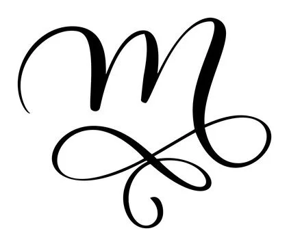 Calligraphic vector hand drawn uppercase letter m forming ornate monogram with 스톡 일러스트
