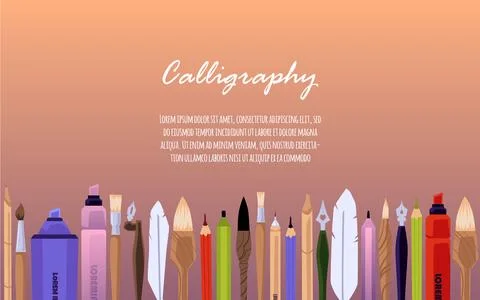 Calligraphy banner with border of calligraphic tools, flat vector illustration. Stock Illustration