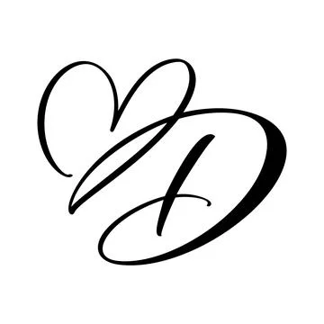 Calligraphy hand drawn vector love letter D. Vintage heart monogram. Script Stock Illustration