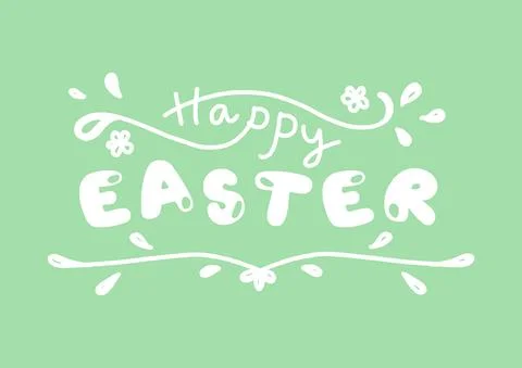 Calligraphy Happy Easter And Flower Leaf On Green Background With Doodle Vect 스톡 일러스트