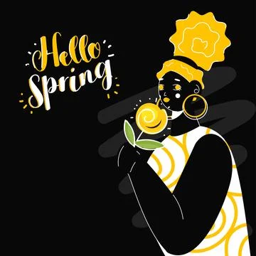 Calligraphy Hell Spring Text with Young Girl holding Flower on Black Backgr.. Stock Illustration