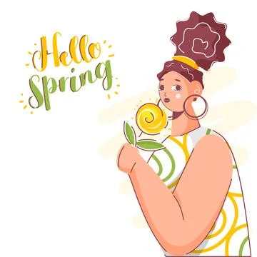 Calligraphy Hell Spring Text with Young Girl holding Flower on White Backgr.. Stock Illustration