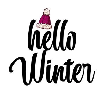 Calligraphy lettering Hello Winter with cute drawing of winter hat Stock Illustration