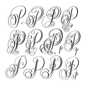 Calligraphy lettering script font P set, hand written Stock Illustration