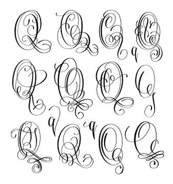 Calligraphy lettering script font Q set, hand written 스톡 일러스트
