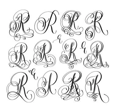 Calligraphy lettering script font R set, hand written Stock Illustration