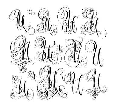 Calligraphy lettering script font U set, hand written 스톡 일러스트
