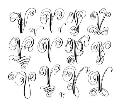 Calligraphy lettering script font V set, hand written 스톡 일러스트