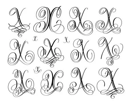 Calligraphy lettering script font x set, hand written Stock Illustration