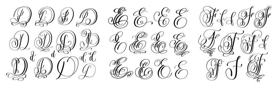 Calligraphy letters set D, E and F, script font Stock Illustration