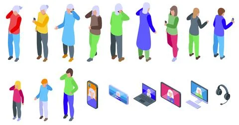 Calling granny icons set isometric vector. Speaking telephone Stock Illustration