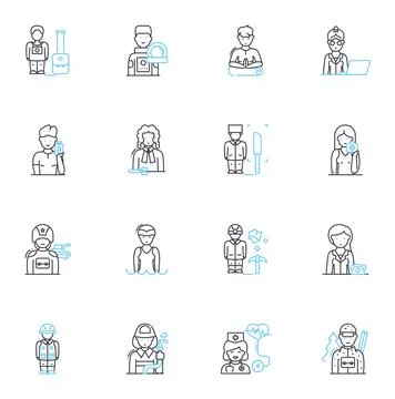 Calling linear icons set. Dialing, Ringing, Contacting, Phoning, Telephoning Stock Illustration