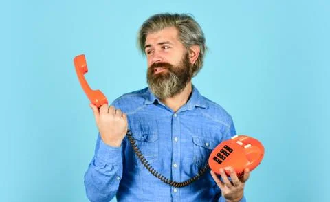 Calling on Past Customers Script. Bearded hipster man phone conversation. Call 写真素材