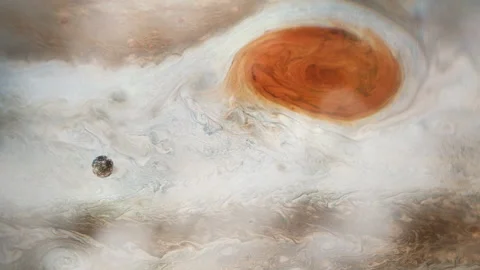 Callisto Orbiting Jupiter with the Great Red Spot - Elements furnished by NASA Stock Footage 140119859