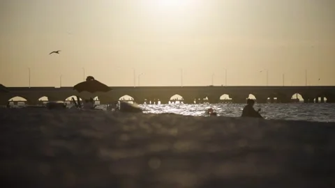 Calm and peaceful Puerto Progreso beach in Yucatan Mexico during sunset Video stock 189627950