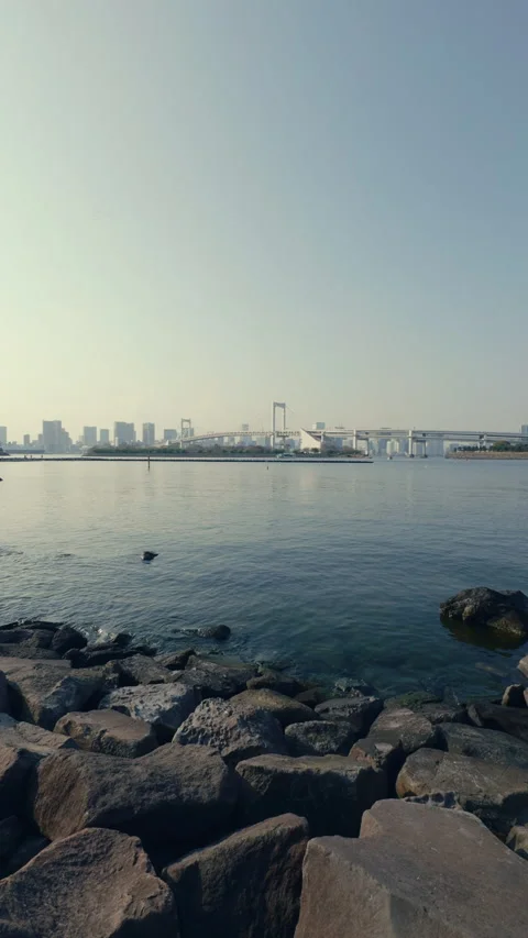Calm bay waters and foreground rocks lead toward the iconic Rainbow Bridge in Stock Footage 343719649