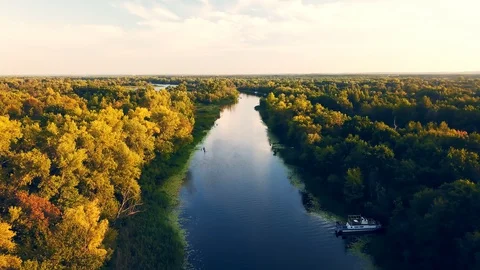 The calm clean river flows between green trees. Aerial view Stock Footage 128399216