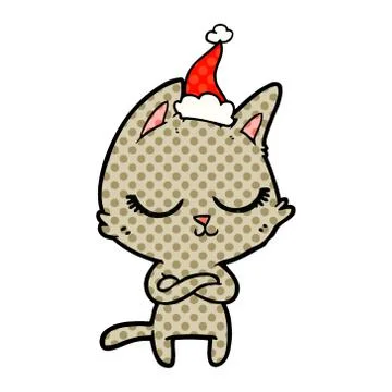 Calm comic book style illustration of a cat wearing santa hat 스톡 일러스트