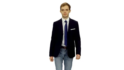 Calm confident young business man in suit jacket walking, alpha channel Video stock 121663000