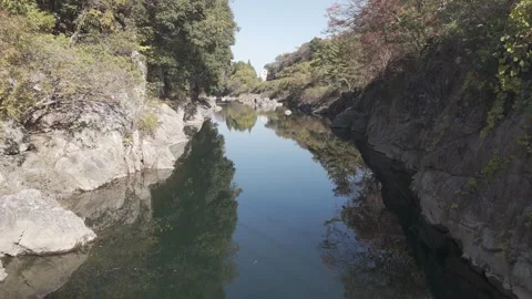 Calm Drone Flight Downstream Over Wide River – Peaceful Nature Aerial 4K Stock Footage 325411641