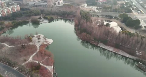 Calm drone footage capturing a tranquil lake nestled within a lush urban par Stock Footage 327087220