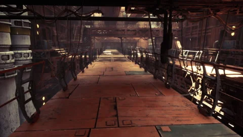 Calm empty industrial walkway showing rusty panels and hidden challenges Stock Footage 332166919