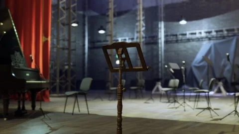 Calm empty stage featuring musical instruments and dramatic lighting Stock Footage 341582845