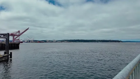 Calm harbor water view with distant shoreline and overcast sky, coastal Stock Footage 328069857