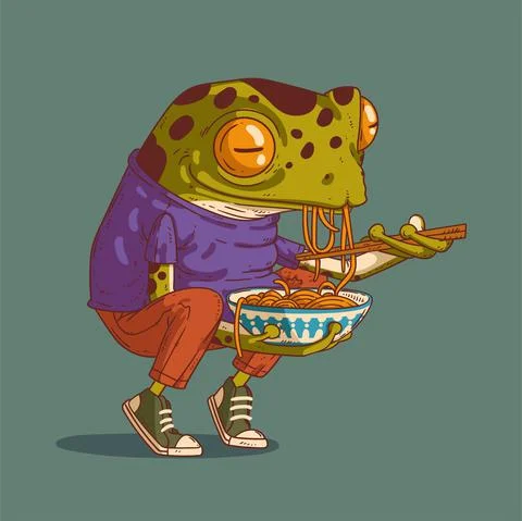 Calm hipster frog eating udon, vector illustration Stock Illustration