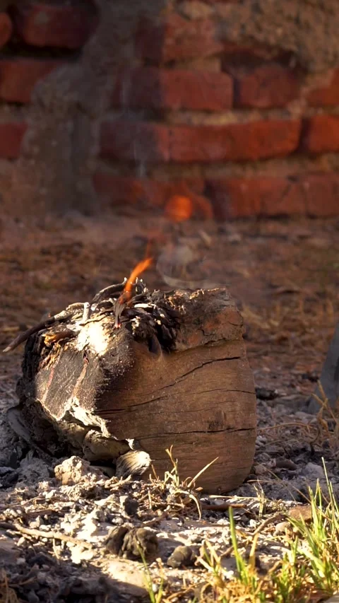 Calm image of a piece of smoking log with a small flame on its surface. Full Stock Footage 257493983