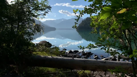 Calm lake, mountains in background, reflection of clouds in water Stock Footage 146820278