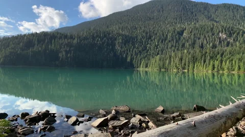 Calm lake, mountains in background, reflection of sky in water Stock Footage 146820293