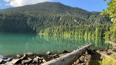 Calm lake, mountains in background, reflection of sky in water Stock Footage 146820319