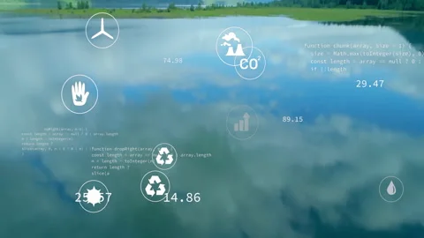 Calm lake reflecting sky floating environmental data icons with code overlays Stock Footage 308206548