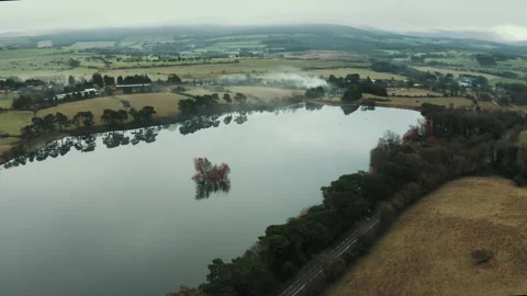 Calm lake with a tiny tree island in the Irish countryside aerial Video stock 154811001