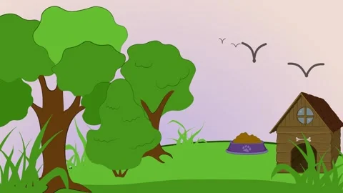 Calm, looping animation of a backyard at sunset. Doghouse, trees, flying birds. Stock Footage 324084651