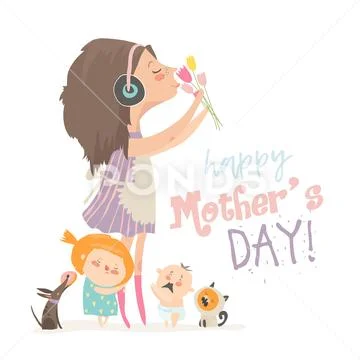 Calm mother with her crying children and pets Stock Illustration