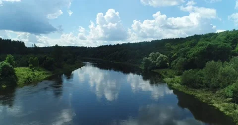Calm movement of a river between two green shores in a forest 4K Stock Footage 135908314