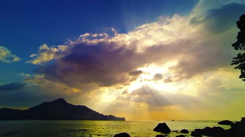 Calm ocean after sunset. Sky with beautiful sun rays. Thailand Stock Footage 60401922