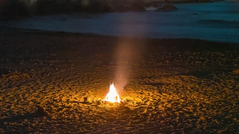 Calm Ocean Beach, Warm Campfire Burning Timelapse Stock Footage 182447850