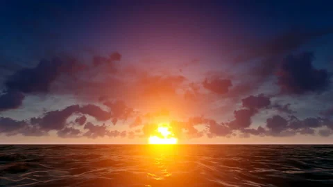 Calm ocean surface cloud sky at orange sunset evening. Tranquil scene Stock Footage 194834233