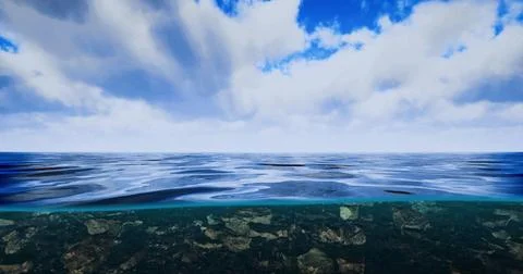 Calm ocean surface under a blue sky with fluffy clouds and gentle waves Stockillustratie