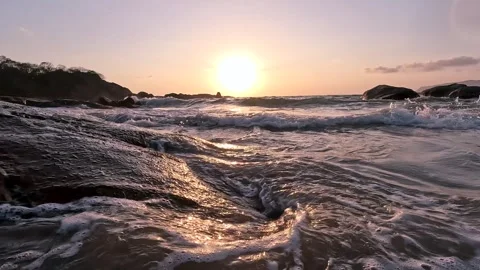 Calm Ocean Waves Slow Motion at Sunset Goa Beach Peaceful Scene 4K Stock Footage 332236767