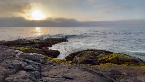 Calm Ocean Waves at Sunset on Rocky Coast - 4K Video stock 317723314