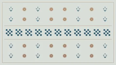 A calm pale background presents rows of stylized flowers, sprigs, and check.. Stock-Illustration